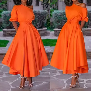 Abito Casual da donna taglie forti allentato con spalle scoperte tasca manica corta elastico in vita tinta unita moda Casual da donna - Product Image 6