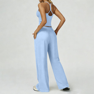 Light Blue Yoga Set Women Tank Top and <b>Wide</b> <b>Leg</b> <b>Pants</b> Two Piece Activewear <b>Lounge</b> Outfit - Product Image 5