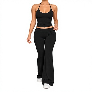 Ensemble extensible noir 2 pièces pour femmes, haut court à bretelles, leggings évasés, tenue décontractée, ensembles stretch skinny pour femmes - Product Image 2