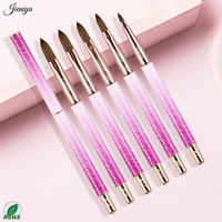 Pinceau à ongles en acrylique Kolinsky avec logo personnalisé, texture dégradée rose effet glace craquelée, manche métallique, motifs complexes, frisé