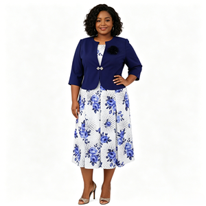Ensemble robe et veste 2 pièces pour femmes grandes tailles, imprimé floral, élégant, longueur mi-mollet, violet, en crêpe, vêtements grande taille - Product Image 2
