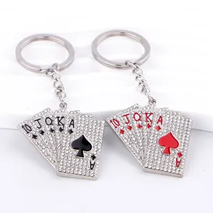 Bán Buôn Key Charms Keyring Đầy Đủ Pha Lê Màu Đỏ Trái Tim Màu Đen Spades Chơi Thẻ Poker Keychain Cho Phụ Nữ Người Đàn Ông