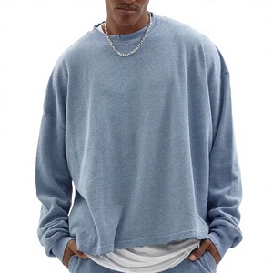 Men's Oversized Long Sleeve <b>Waffle</b> Knit O-Neck T-<b>Shirt</b> Solid Blue Casual Fit 100% Cotton Plain Dyed Design - Product Image 4