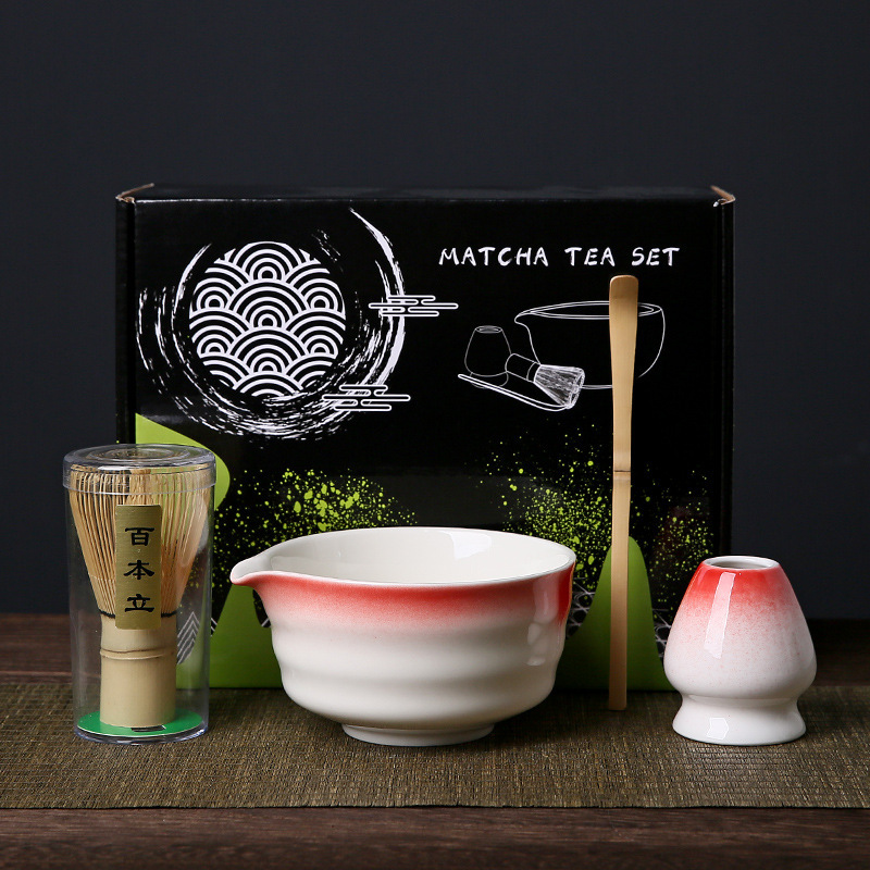 Bol à matcha rouge et blanc, ensemble de 4 pièces (xian) + boîte de couleur