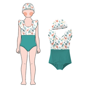 Venta al por mayor de trajes de baño de 2 piezas de tela de verano personalizados para niños niñas traje de baño de una pieza <span class=keywords><strong>y</strong></span> gorro de baño conjunto combinado para niños natación - Product Image 1