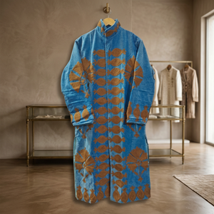 Wholesale Indian Handmade Suzani Embroidered Light Blue Velvet Kimono Jacket Long Duster <b>Coat</b> Vintage Fish Floral Motif <b>Women</b> - Product Image 2