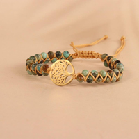 Gelang Batu Alam Lapis Ganda dengan Liontin Pohon Kehidupan, Tenun Tangan Vintage, Perhiasan Energi Penyembuhan