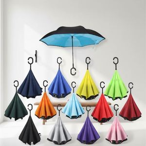 Wholesale Custom Logo Printed Double Fabric Windproof C Shape Handle Upside <b>Down</b> Inverted Reverse Rain Umbrella - Product Image 2