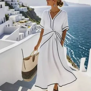 Vestido Midi Formal <span class=keywords><strong>de</strong></span> Mujer con Cuello en V, Manga Corta, Bloques <span class=keywords><strong>de</strong></span> Color, Cintura Natural, Ecológico y Transpirable - Product Image 2