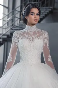 High Neck Long Sleeve Ball Gown Wedding Dress Lace Appliqued Muslim Bridal Gown
