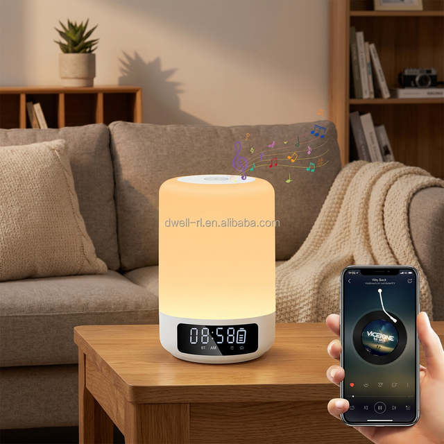 Night Lights Speaker Alarm Clock Touch Sensor Dimmable Multi Color Changing Bedside Lamp MP3 Player