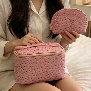 Luxury Ostrich PU Cosmetic <b>Bag</b> Set 2 In 1 <b>Waterproof</b> Shell Makeup Pouch Travel Cosmetic <b>Bag</b> For Ladies - Product Image 6