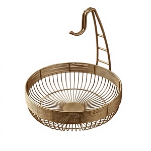 Gold Metal <b>Wire</b> Fruit Storage Basket with Banana <b>Hanger</b> Hook Open Bowl Kitchen Countertop Vegetable Organizer - Product Image 1