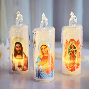 Logotipo personalizado LED Jesús <span class=keywords><strong>Virgen</strong></span> María LED velas <span class=keywords><strong>de</strong></span> <span class=keywords><strong>pilar</strong></span> sin llama Islam musulmán Led vela <span class=keywords><strong>de</strong></span> plástico para la decoración - Product Image 1
