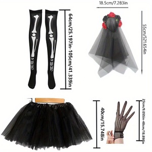 Conjunto de Disfraz de Día de Muertos PESENAR - Guantes de Encaje, Medias, Falda con Velo y Tocado para Halloween y Carnaval - Product Image 2