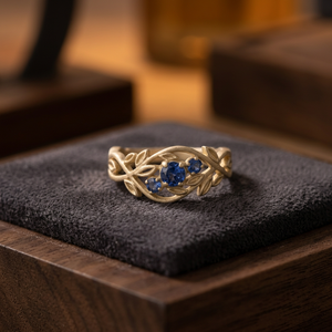 Bague en argent avec feuille d'argent et pierres précieuses fines, saphir floral, bijoux de mariage et de fiançailles - Product Image 3