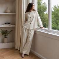 Ensemble de salon en coton texturé pour femmes, haut asymétrique boutonné, pantalon à jambes larges avec cordon de serrage, tenue décontractée SOFT18