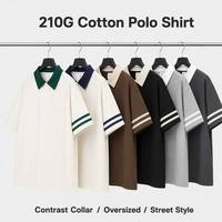 Polo de algodón 210G para hombre al por mayor con cuello en contraste, mangas de dos rayas, corte holgado transpirable, camiseta casual de verano