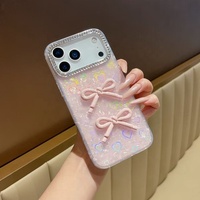 Coque de téléphone de style coréen avec nœud papillon, compatible avec iPhone 18, Apple 17, 16 Pro Max, motif de coque luxueux incrusté de diamants.