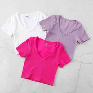 Débardeur en maille côtelée extensible pour femme, sans couture, streetwear, manches courtes, col en V, décontracté - Product Image 1