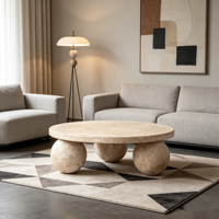 Table basse ronde moderne en pierre naturelle, base en marbre beige travertin, 3 boules, pour salon