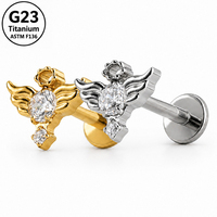 Piercing Labret à dos plat en Titane ASTM F136, motif Aile d'ange Halo CZ, pour cartilage, couleur Or Acier