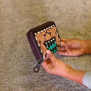 Leather Were Designer Luxury Hand Tooled Carving Cowhide Wristlet Clutch <b>Wallet</b> <b>RFID</b> Protection Large Capacity Button - Product Image 4