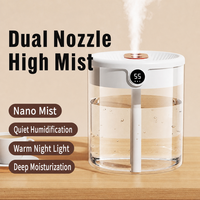 Nouvel humidificateur USB en plastique à double pulvérisation 2L avec veilleuse et affichage numérique, silencieux pour chambre/bureau/voiture, garantie 1 an