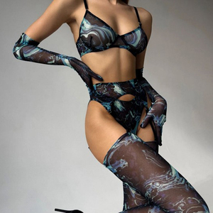 Conjunto de Lencería Sexy Transparente de Malla con Medias, Venta al por Mayor, Conjunto Erótico de Sujetador Push-Up y Bragas - Product Image 4