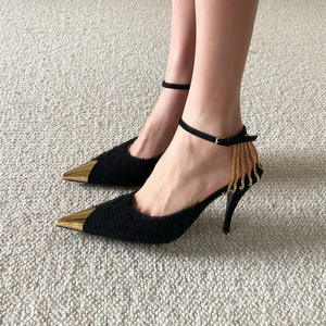 Nouvelles chaussures sexy à talons hauts de luxe et tendance 2026, chaussures pour femmes à talon fin en fer doré, chaîne métallique - Product Image 1
