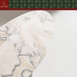 Table ovale en marbre blanc de Carrare GOLDKING pour salon et salle à manger, base blanche, veines grises, 3 pieds en acier inoxydable, sur mesure - Product Image 6