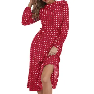 Vestido Midi holgado de manga larga con lunares para mujer, traje Vintage elegante con estampado de lunares para mujer