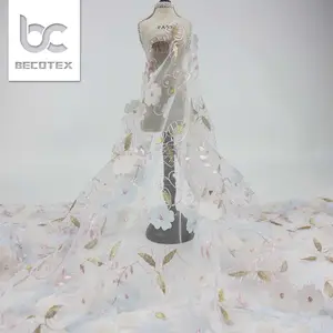 <span class=keywords><strong>2025</strong></span> 3D pháp Chất lượng cao thêu hoa lưới 3D Mạng Che Mặt đám cưới Hoa sequin ren vải - Product Image 1