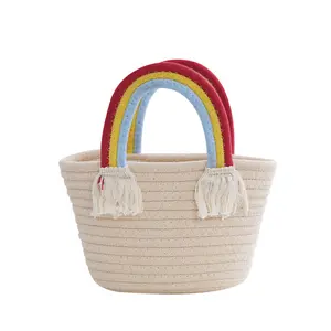 TS Hot Sale DIY Souvenir Basket Cute Rainbow Woven Cotton Rope Storage Basket For Holiday Beach Bag Storage Bag