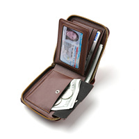 Dompet Pria Gaya Retro Eropa Amerika dengan Patchwork Kulit PU Horizontal, Blok Warna, Resleting, Panjang Pendek, dan Slot Multi-Kartu.
