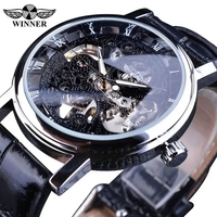 Montre-bracelet de luxe pour homme Winner, squelette transparent doré, design tendance, bracelet en cuir marron, boîtier ovale de 20 mm, cadran en verre