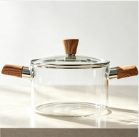 Casserole en verre borosilicate de haute qualité avec deux poignées en bois et couvercle, résistante à la chaleur, pour cuisinière à gaz et électrique