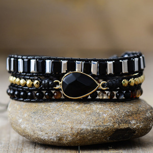 Multi Layered Wrapped <b>Bracelet</b> Natural Stone Crystal Bead Water Drop Shape Black Gold Tone Jewelry Fashion <b>Beaded</b> <b>Bracelets</b> - Product Image 1