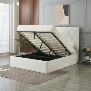 Lit ottoman Queen Size avec rangement, mobilier de chambre, revêtement en cuir blanc doux, tête de lit capitonnée à boutons, lits rembourrés - Product Image 1