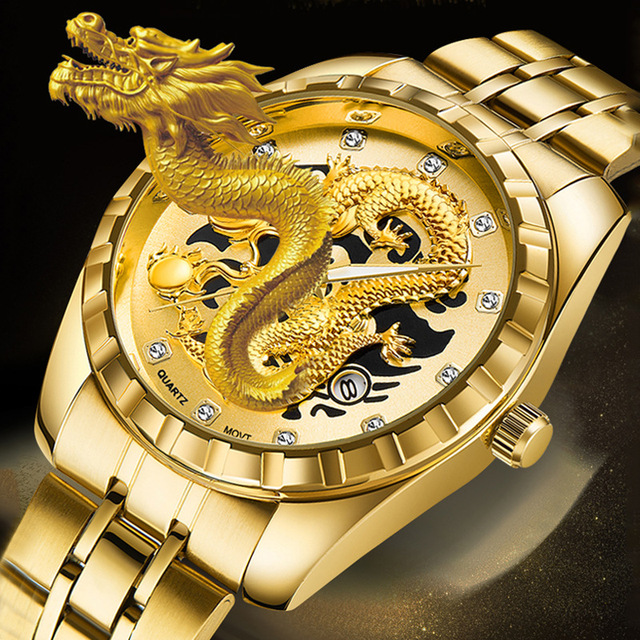 Wlisth S947 Golden Stainless Steel Band Watches 3D Dragon Diamonds Dial Men's 30M Life Waterproof Quartz Movement Wristwatches