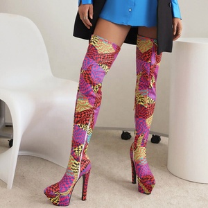 New Women's Sexy Over Knee Long Boots Thick High Heels <b>Shoes</b> Pointed Toe Platform Zebra Print Thigh High Booties - Product Image 1