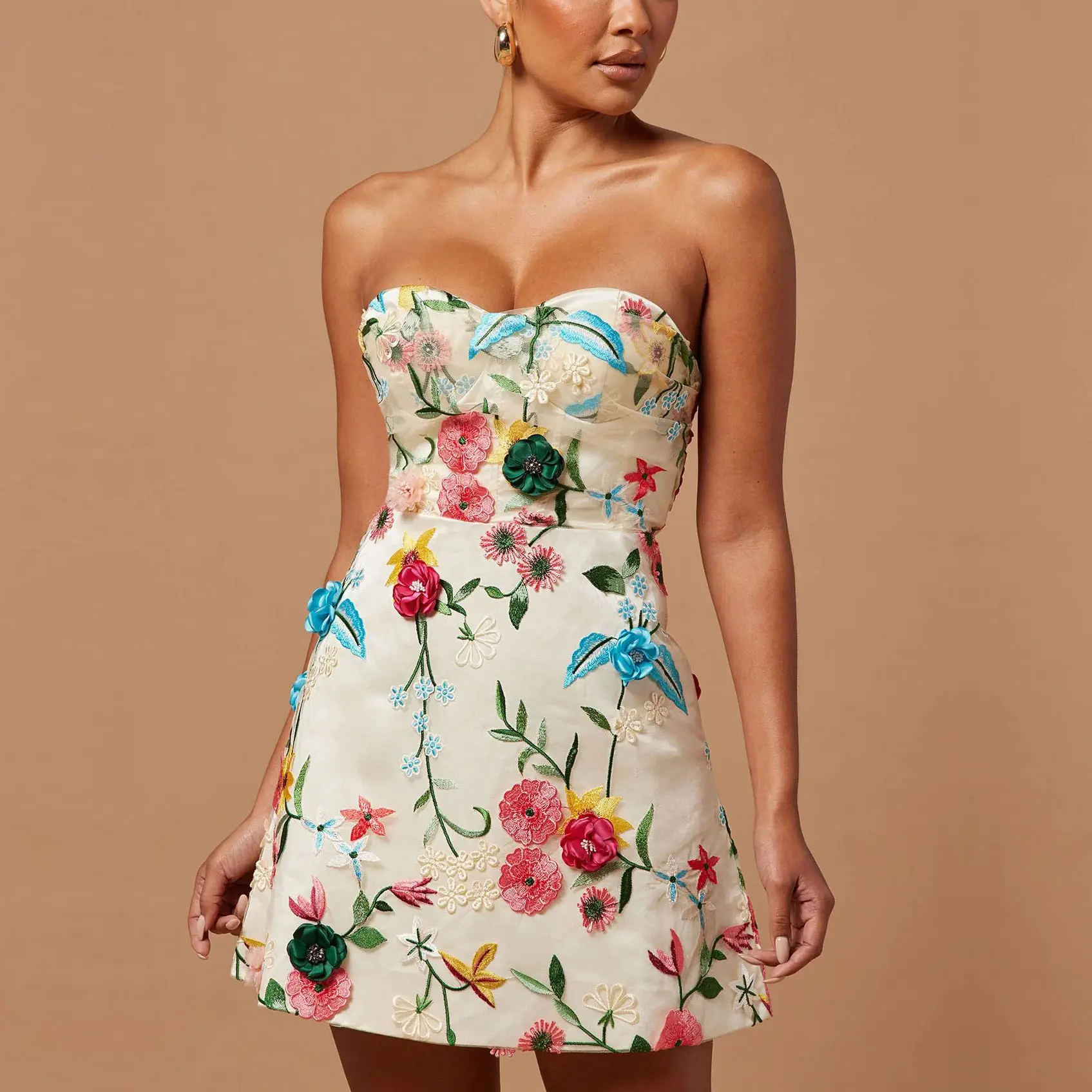 Beautiful Short Mini Dress Custom Logo Off the Shoulder High Quality 3D Floral Lace Fabric Summer Dresses Women Clothing