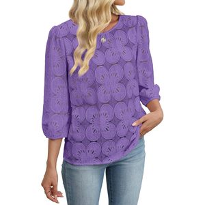 Chemisiers pour femmes, couleur violette, manches 3/4, dentelle, imprimé floral, haut décontracté pour tous les jours - Product Image 4