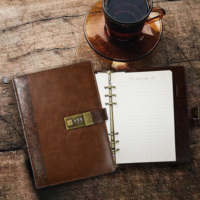 Carnet de notes personnalisé vintage à anneaux avec reliure à coudre en cuir PU avec serrure à feuilles mobiles planificateur de codes secrets