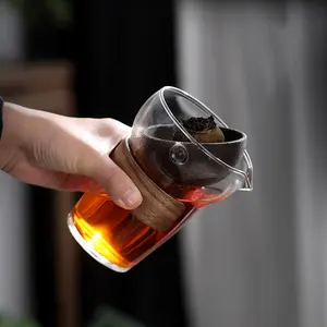 Transparent Glass Citrus Tea Cup Heat-resistant Sharing Drinking Cup With Wooden Sleeve And Rotatable Pottery Infuser Drink ware