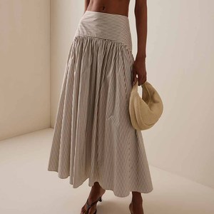 Fabricantes de ropa personalizada Primavera Verano Otoño Cintura alta Ligero Casual Rayas Algodón Maxi Falda - Product Image 3