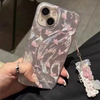 Coque de téléphone antichoc souple en TPU avec pendentif grande ouverture brodé de papillons et de fleurs de dessin animé pour 17 Pro Max/16/15/14