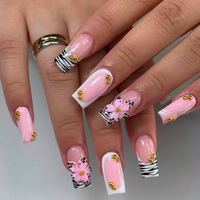 En gros Faux ongles à presser en acrylique faits main, couvrance totale, forme cercueil moyenne, rose ombré, style French, avec nœud 3D en forme d'aile
