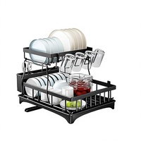 Égouttoir à vaisselle à 2 niveaux avec porte-couverts, organisateur de cuisine en métal pour assiettes, tasses et bols