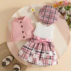 Ensemble de vêtements pour bébé <span class=keywords><strong>fille</strong></span> de 0 à 3 <span class=keywords><strong>ans</strong></span>, veste sans manches à col vertical à simple boutonnage en laine peignée d'été + robe-veste à carreaux + chapeau - Product Image 1